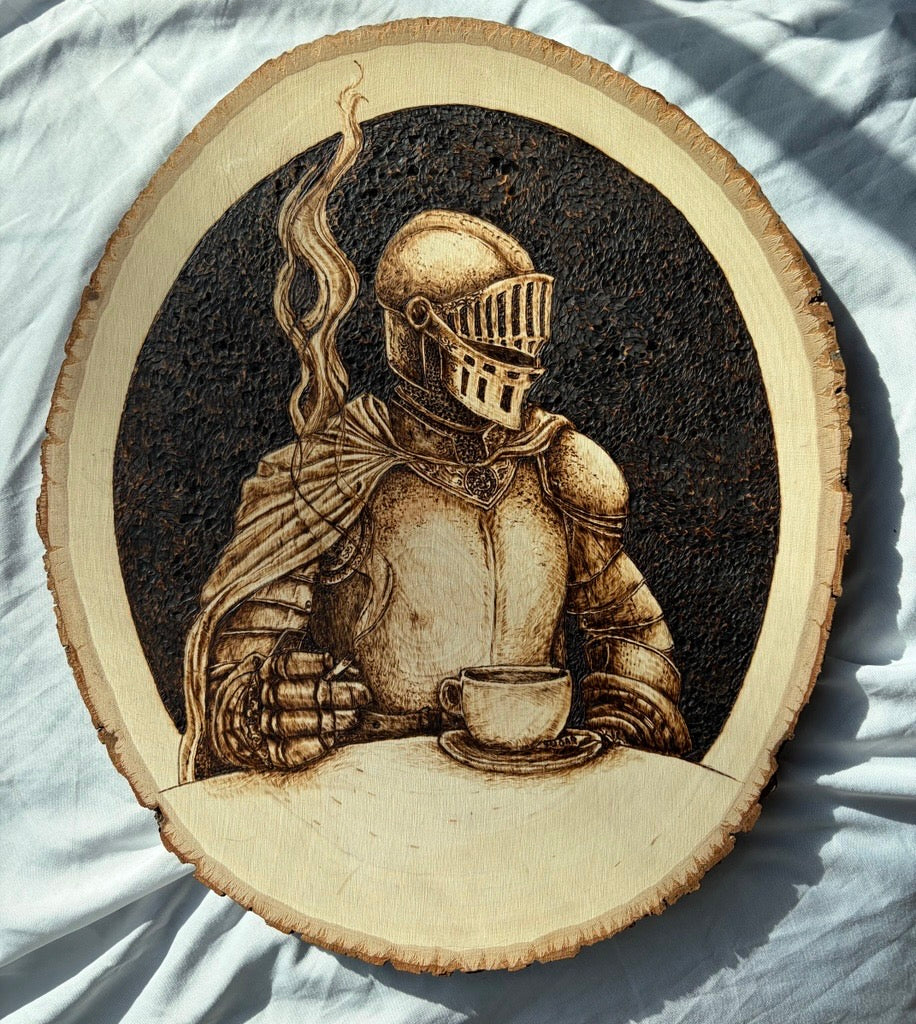 Wooden artwork with a pyrography design of a knight holding a latte coffee cup and a cigarette with a trail of smoke