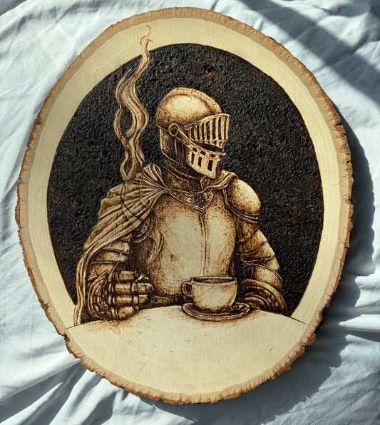 Wooden artwork with a pyrography design of a knight holding a latte coffee cup and a cigarette with a trail of smoke